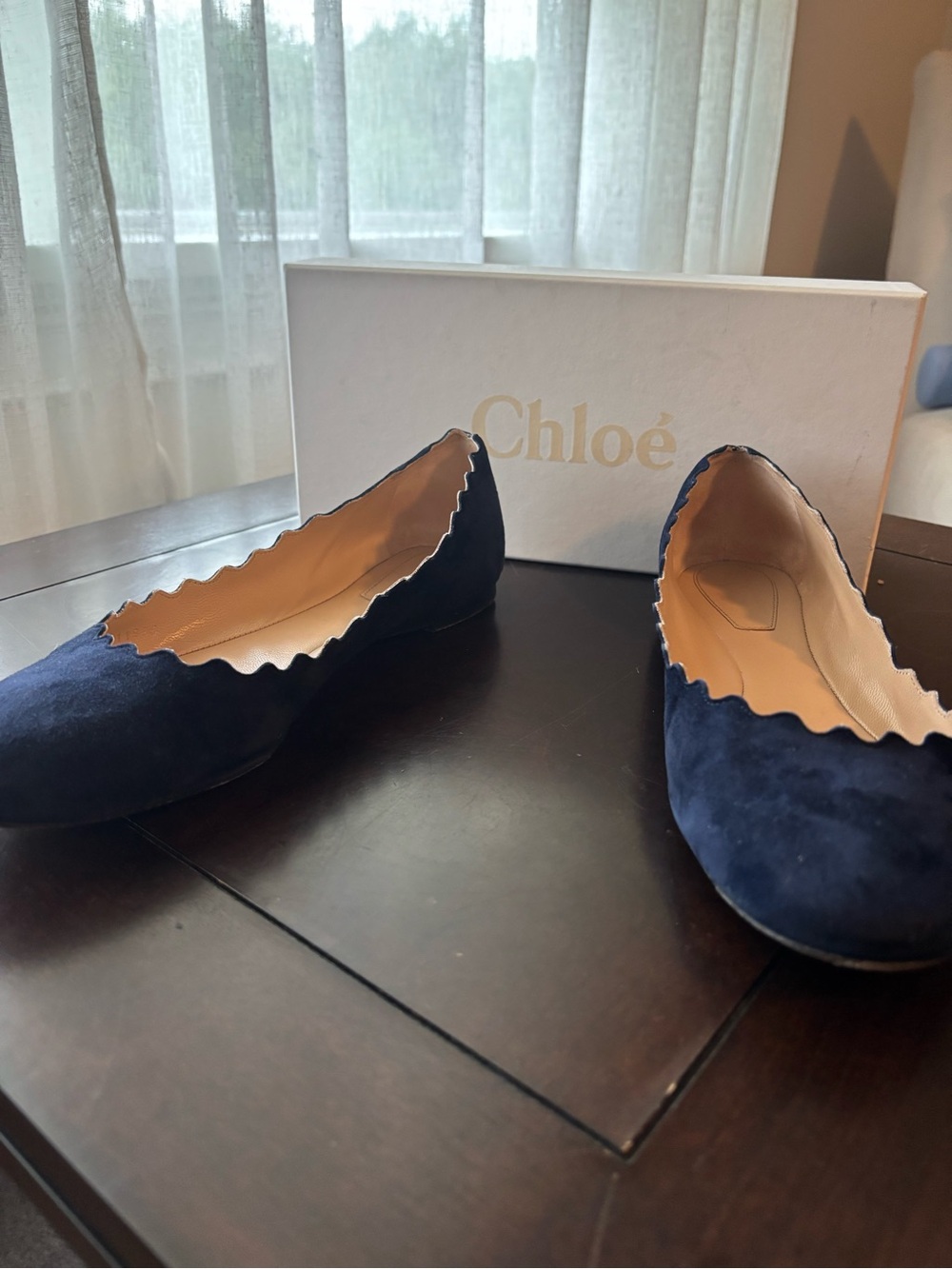 Chloé Navy Suede Scalloped Ballet Flats